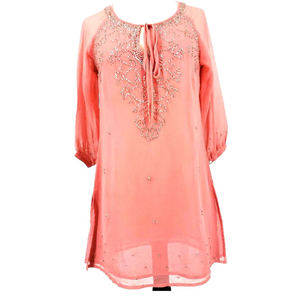 Penny Lane Pink Sequined Tunic Top Size Medium Tie Front